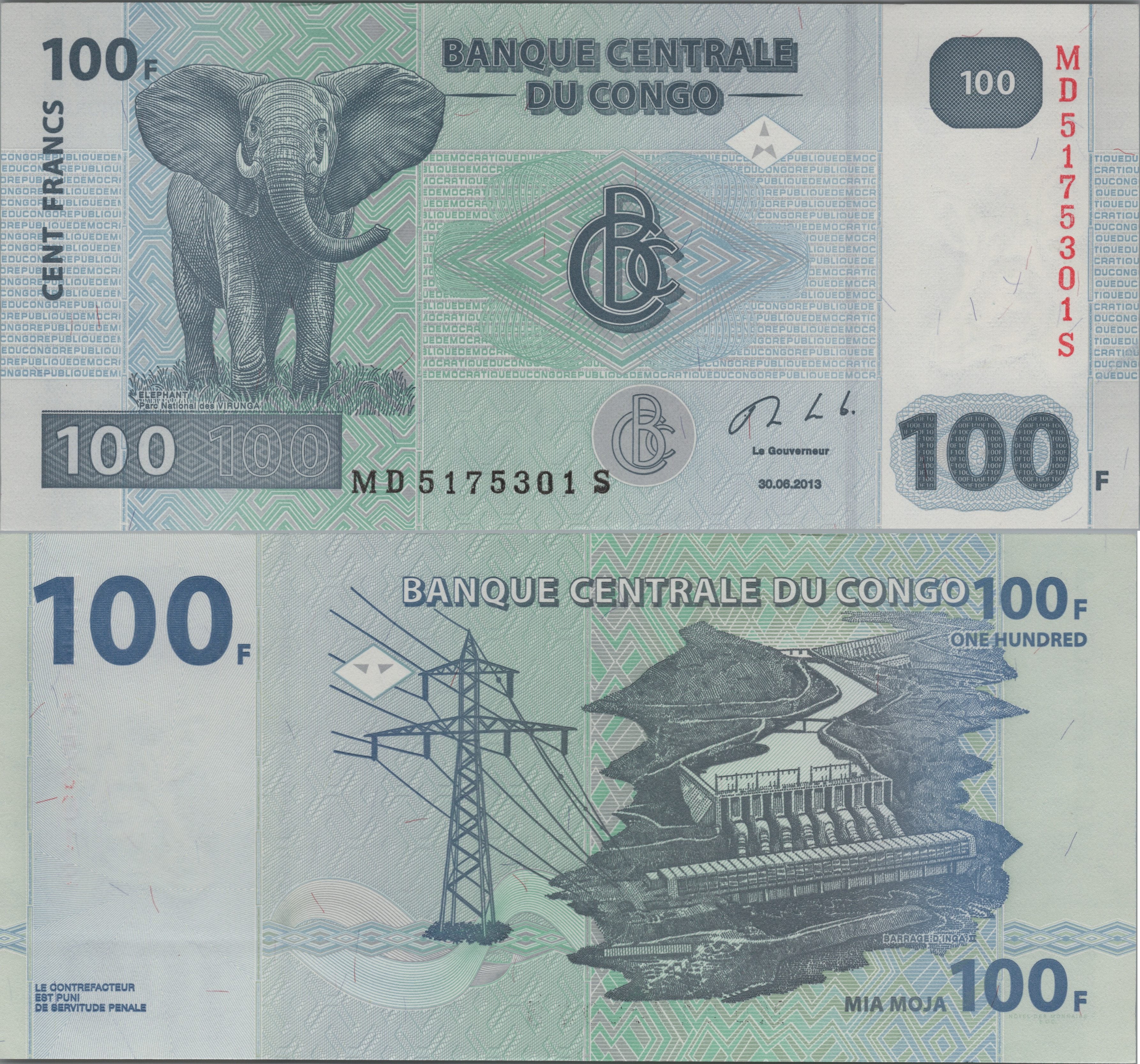 CONGO 100 Francs - P-98c, UNC from 2013, Features an ELEPHANT