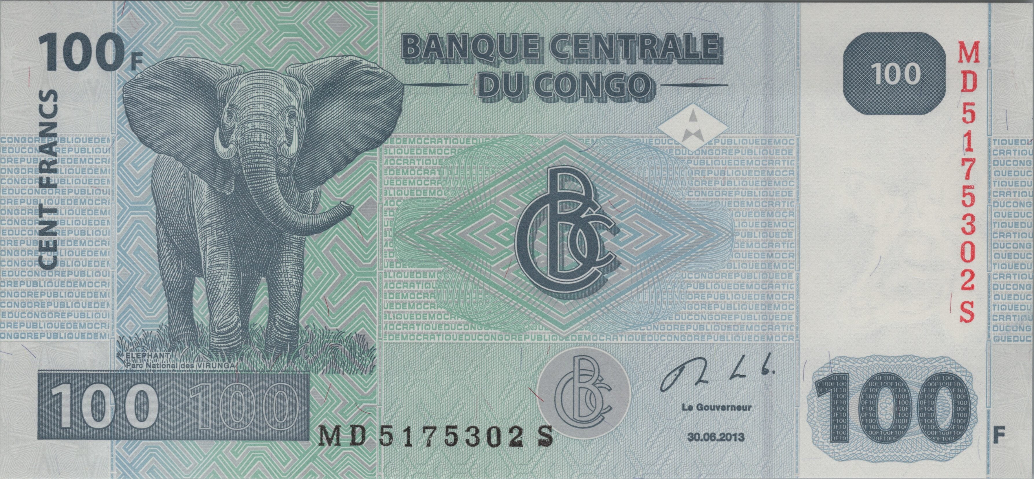 CONGO 100 Francs - P-98c, UNC from 2013, Features an ELEPHANT