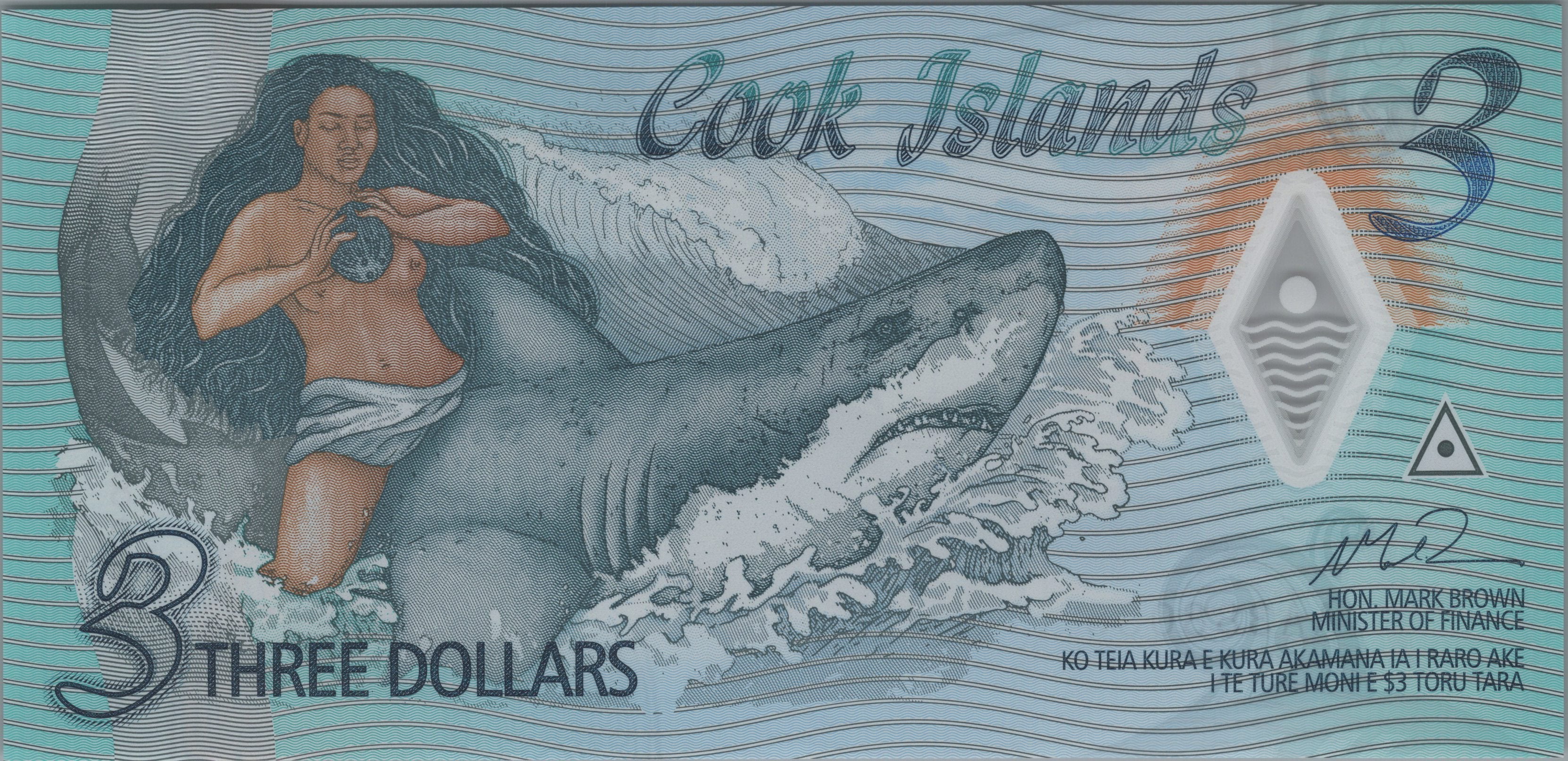 COOK ISLANDS 3 Dollars, B-111a; UNCIRCULATED, 2021; features Ina and the Shark
