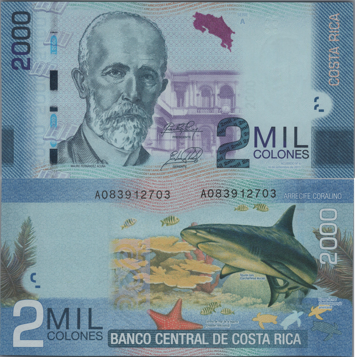 COSTA RICA 2000 Colones, P275c, UNCIRCULATED from 2015, features a Bull Shark