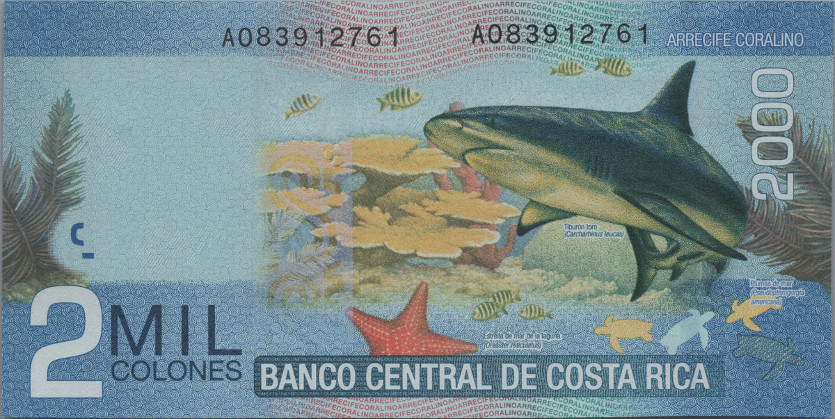 COSTA RICA 2000 Colones, P275c, UNCIRCULATED from 2015, features a Bull Shark