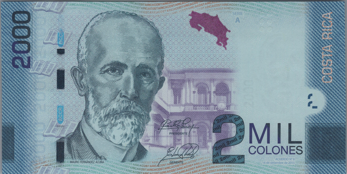 COSTA RICA 2000 Colones, P275c, UNCIRCULATED from 2015, features a Bull Shark