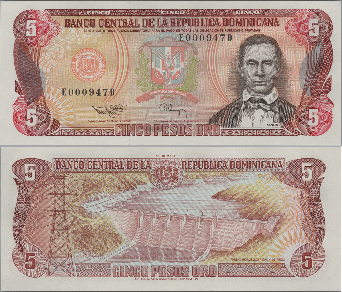 Dominican Republic 5 Pesos Oro, P143, 1993, UNCIRCULATED; Low Serial Number