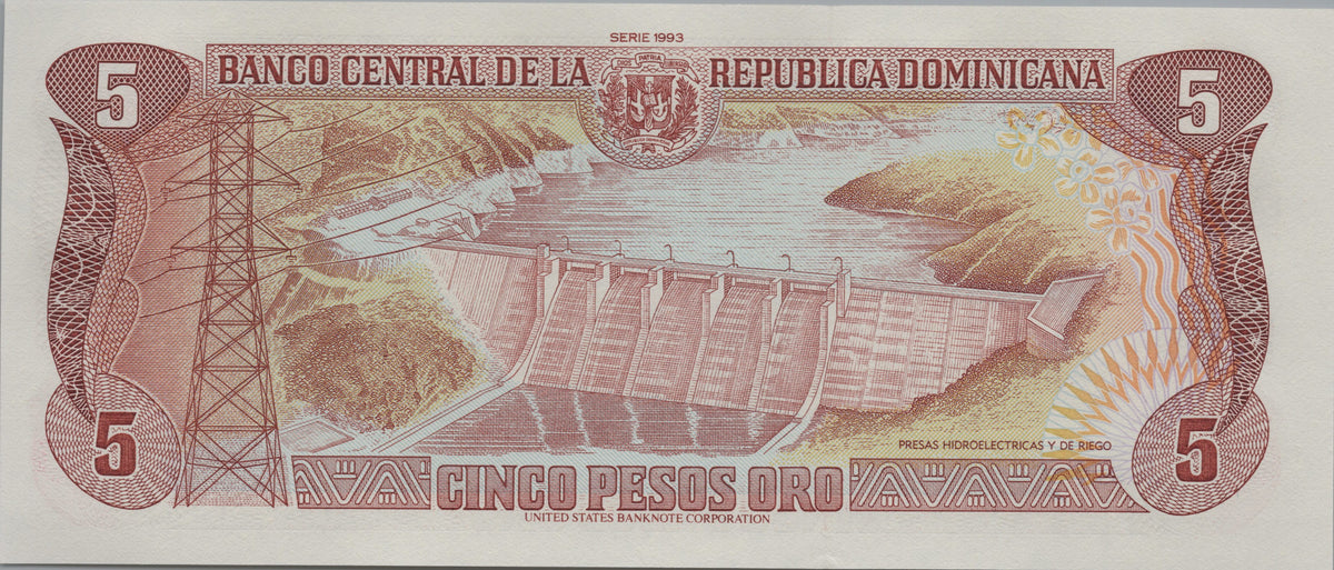 Dominican Republic 5 Pesos Oro, P143, 1993, UNCIRCULATED; Low Serial Number