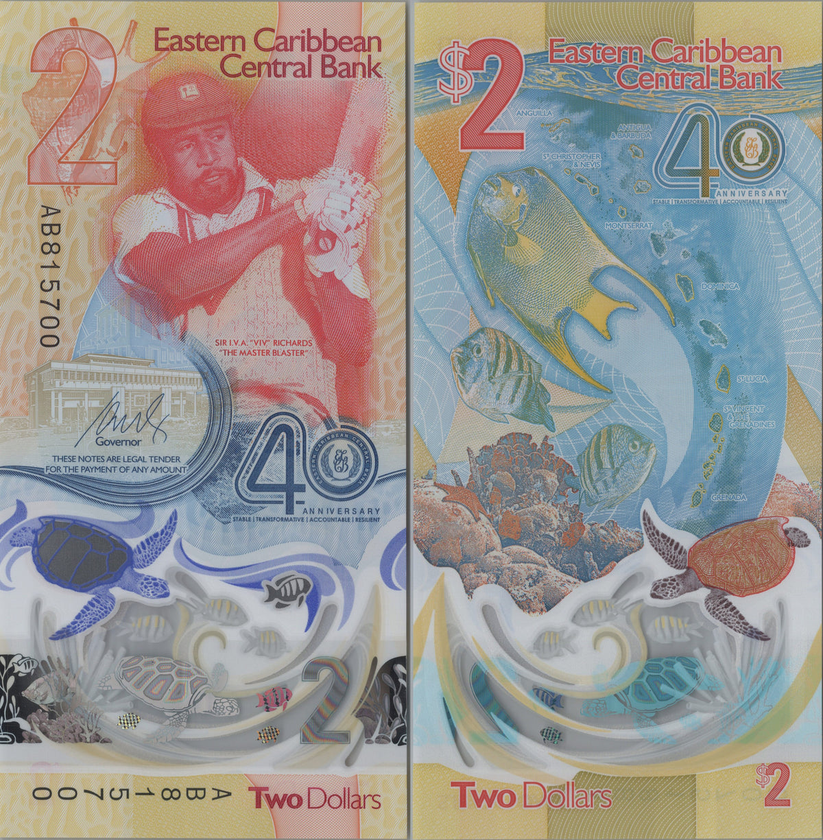 Eastern Caribbean 2 Dollars B245a 2023 Uncirculated polymer features Sea Turtle and Viv Richards