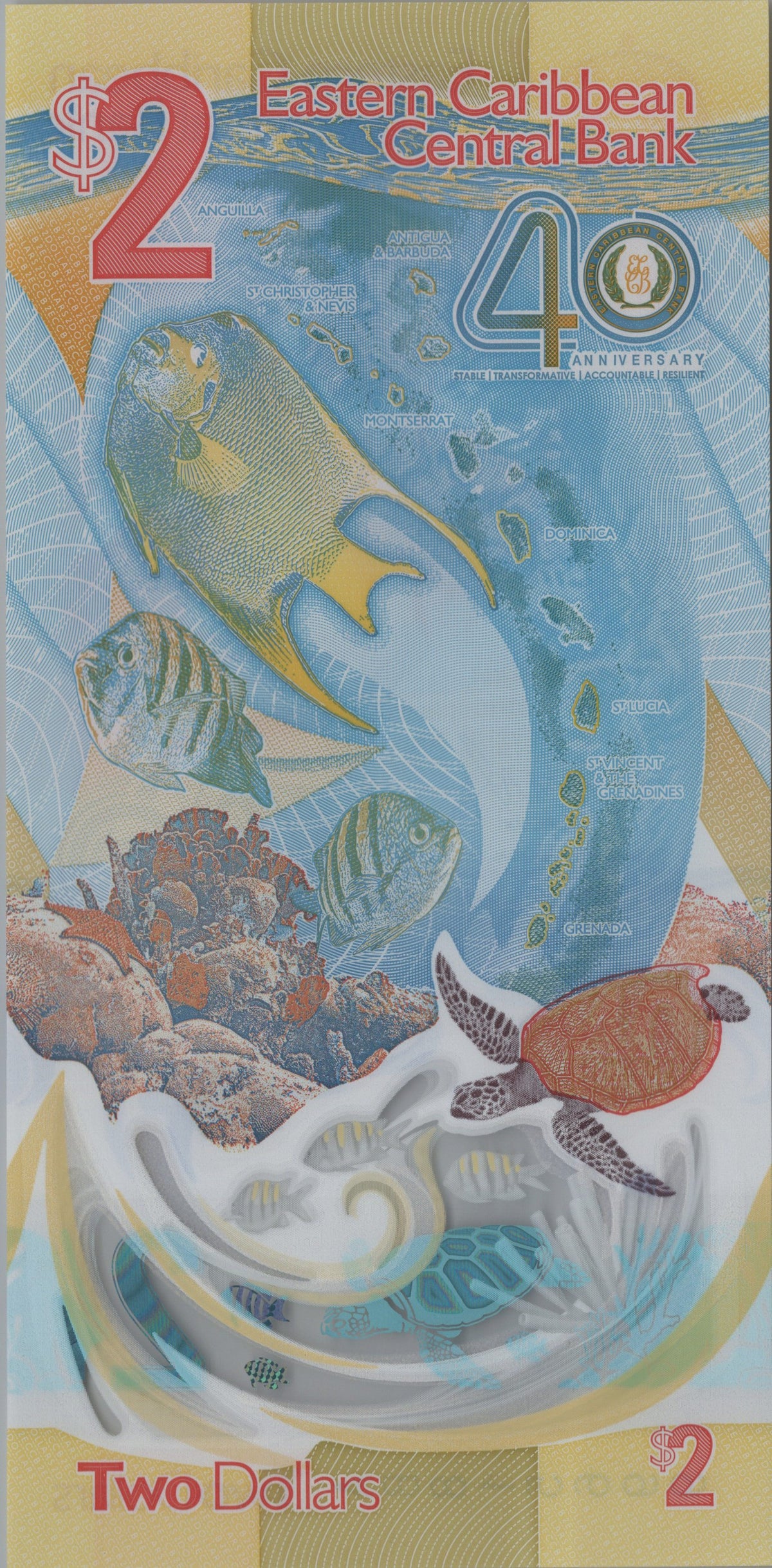 Eastern Caribbean 2 Dollars, B245a, Uncirculated, 2023; features a Sea Turtle