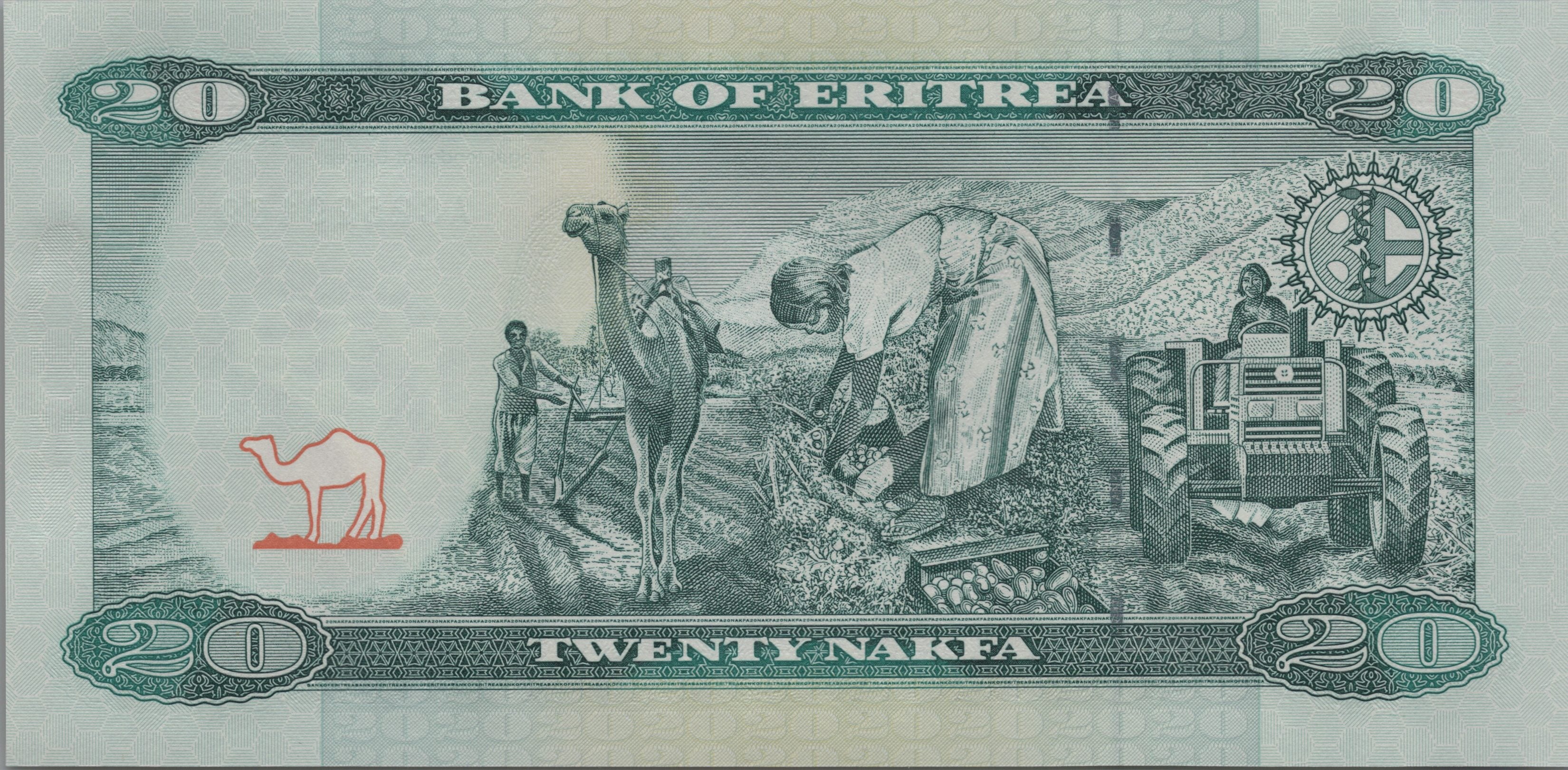 ERITREA 20 Nakfa Banknote, P12, UNCIRCULATED, 2012; features farmer and camel