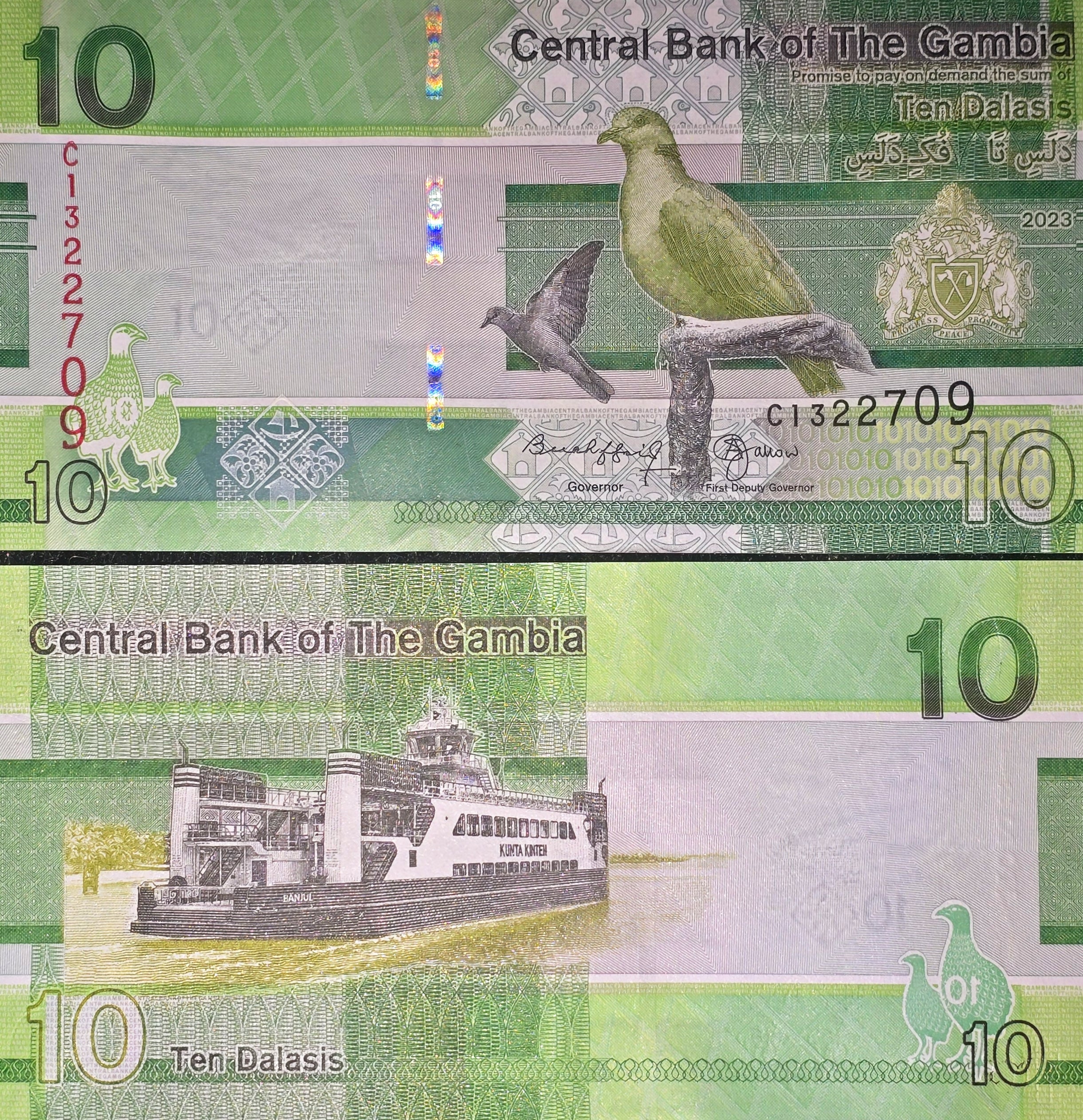 GAMBIA 10 Dalasis, B236c, UNCIRCULATED, 2023; African Spoonbill Birds and Banjul Ferry