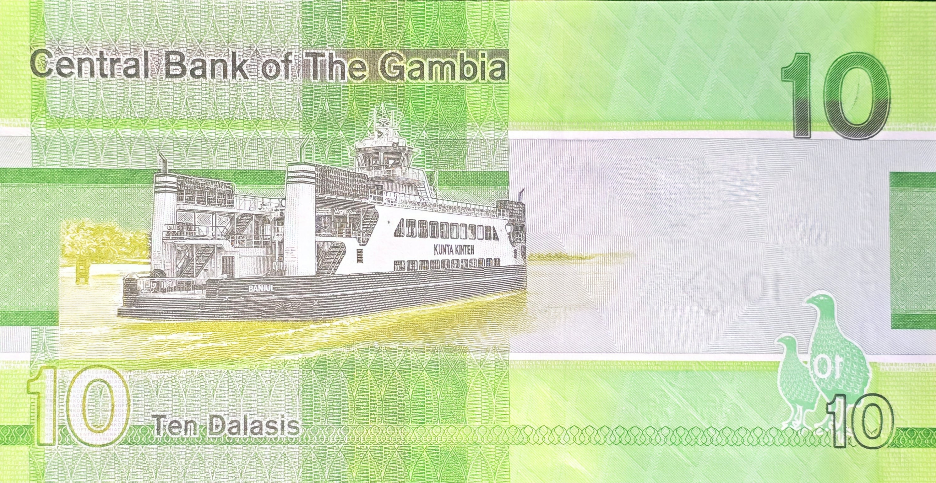 GAMBIA 10 Dalasis, B236c, UNCIRCULATED, 2023; African Spoonbill Birds and Banjul Ferry