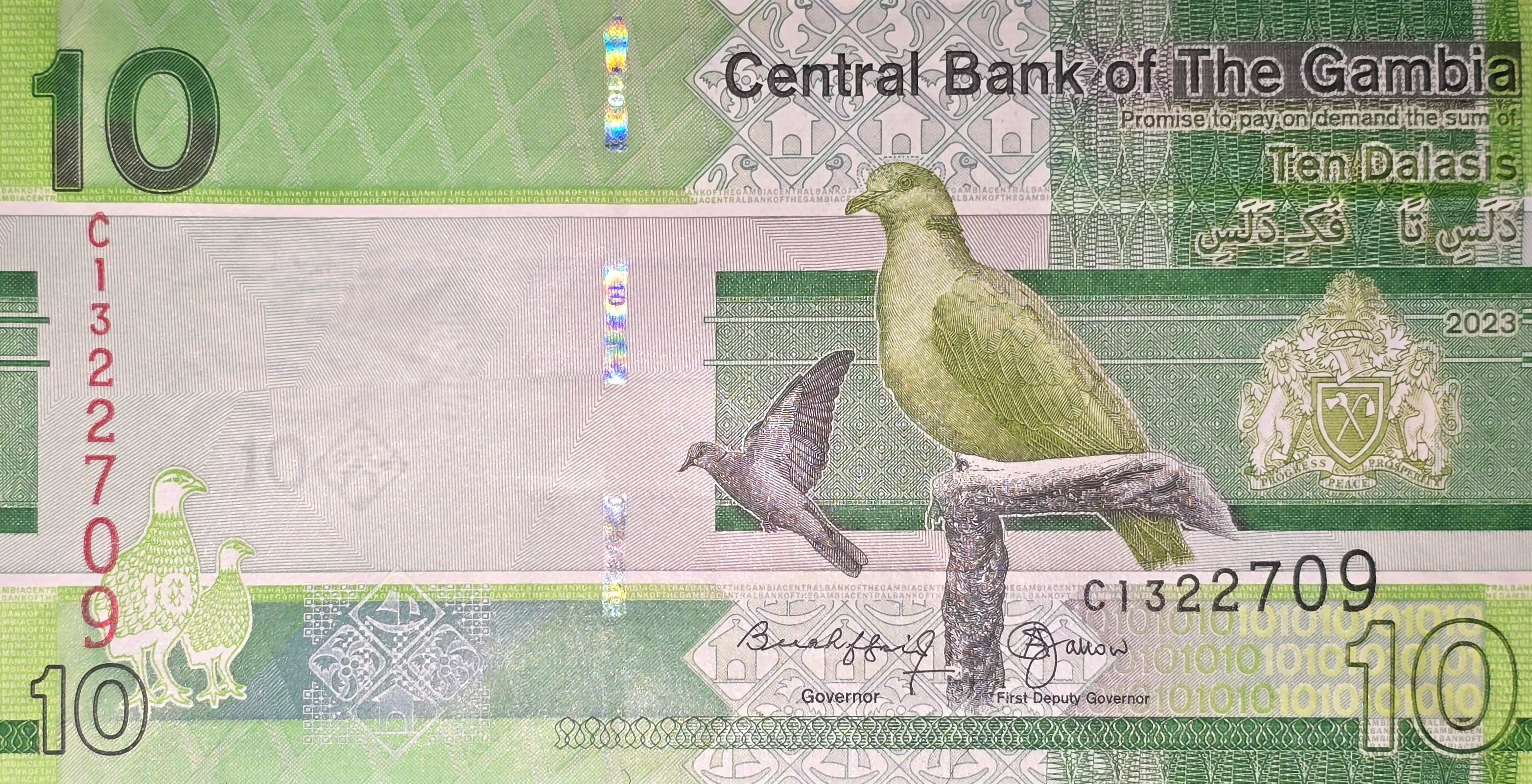 GAMBIA 10 Dalasis, B236c, UNCIRCULATED, 2023; African Spoonbill Birds and Banjul Ferry