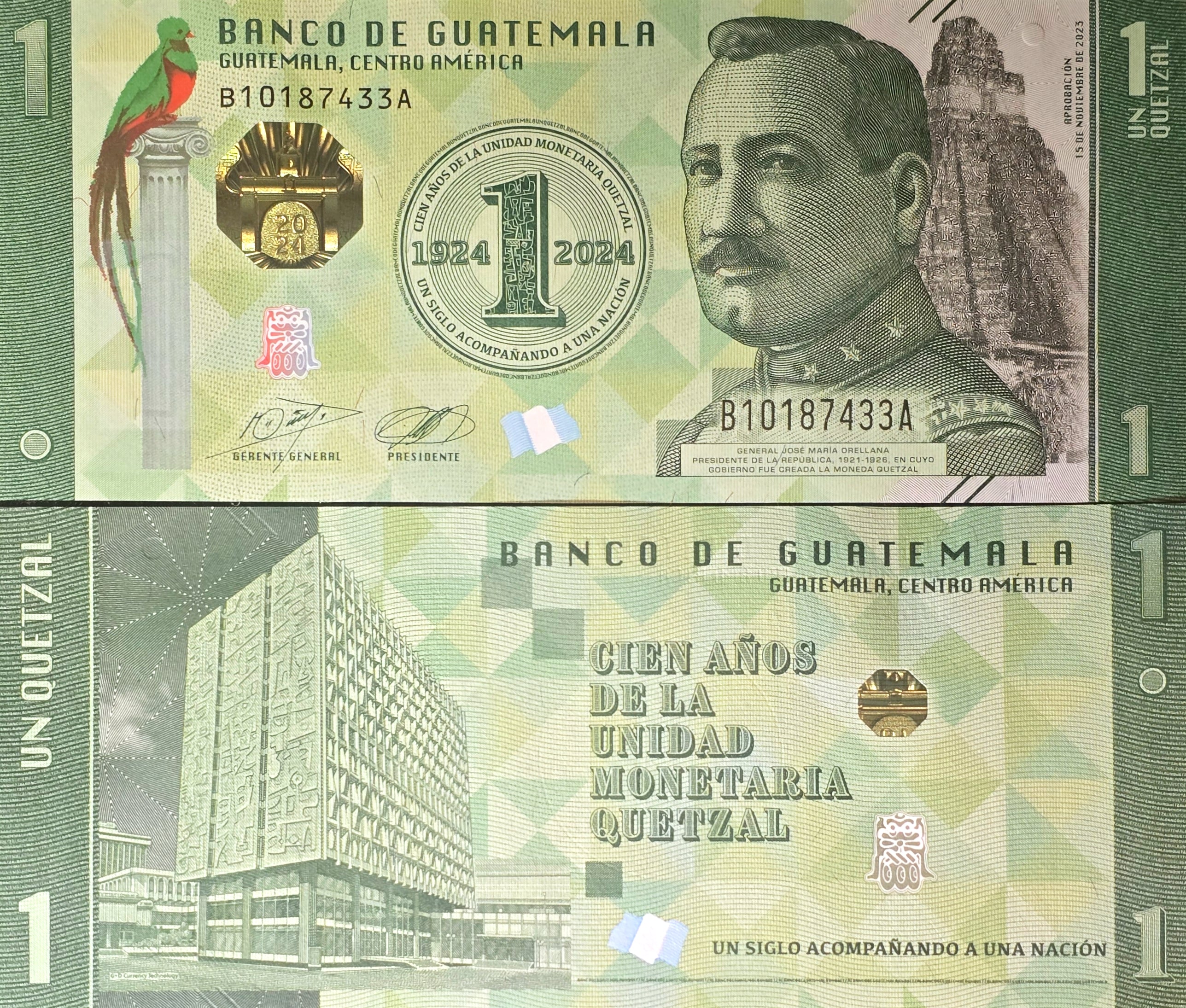 GUATEMALA 1 Quetzal, B612a, UNCIRCULATED, 2024; features 100th Anniversary bank