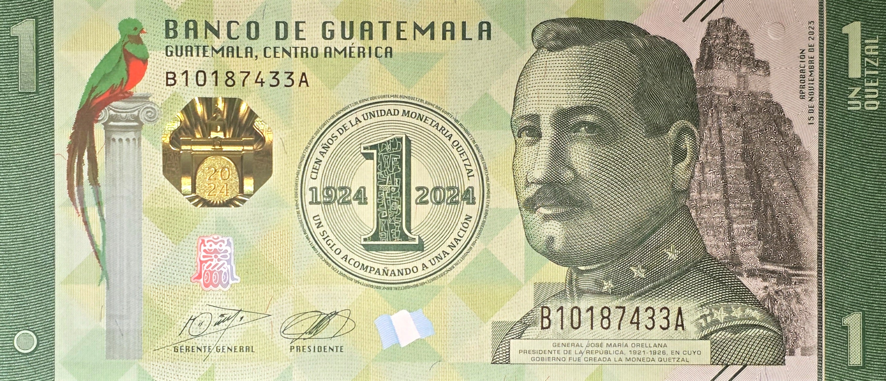 GUATEMALA 1 Quetzal, B612a, UNCIRCULATED, 2024; features 100th Anniversary bank