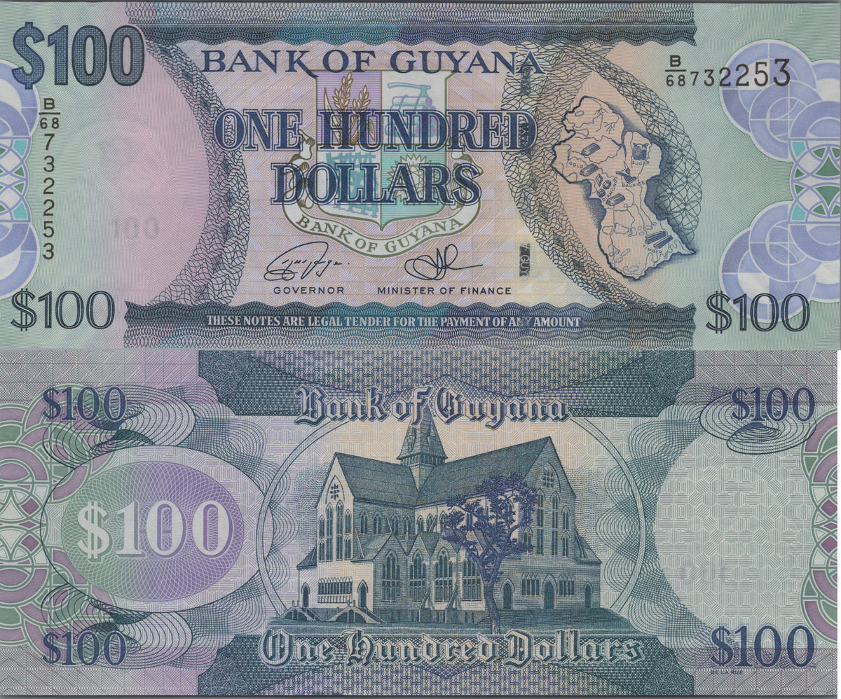 GUYANA 100 Dollars, B114d, 2022, New Signatures; UNCIRCULATED; Cathedral; Map