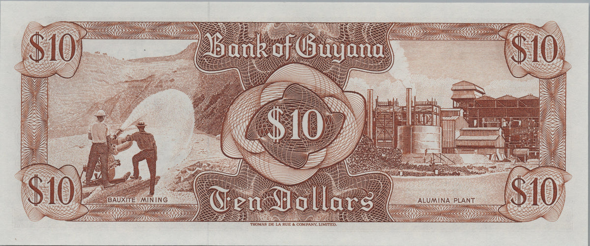 Guyana 10 Dollars, P23, UNCIRCULATED, 1992; features the Kaieteur Waterfalls