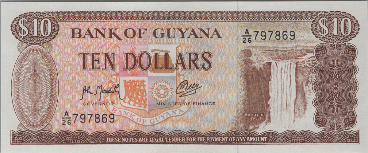 Guyana 10 Dollars, P23, UNCIRCULATED, 1992; features the Kaieteur Waterfalls