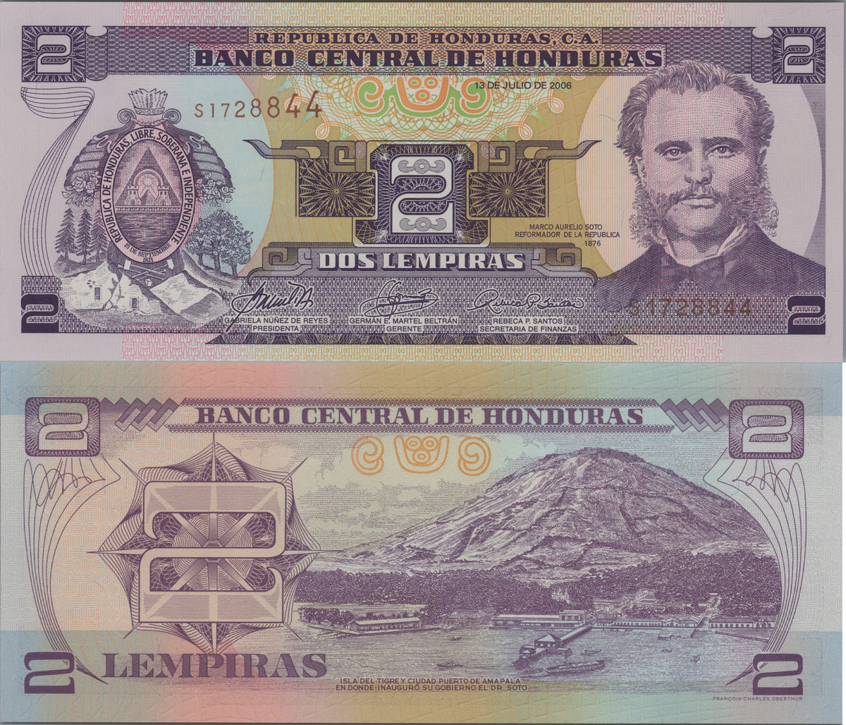 Honduras 2 Lempiras, P80Af, 2006, UNCIRCULATED; features Tiger Island and Amapala