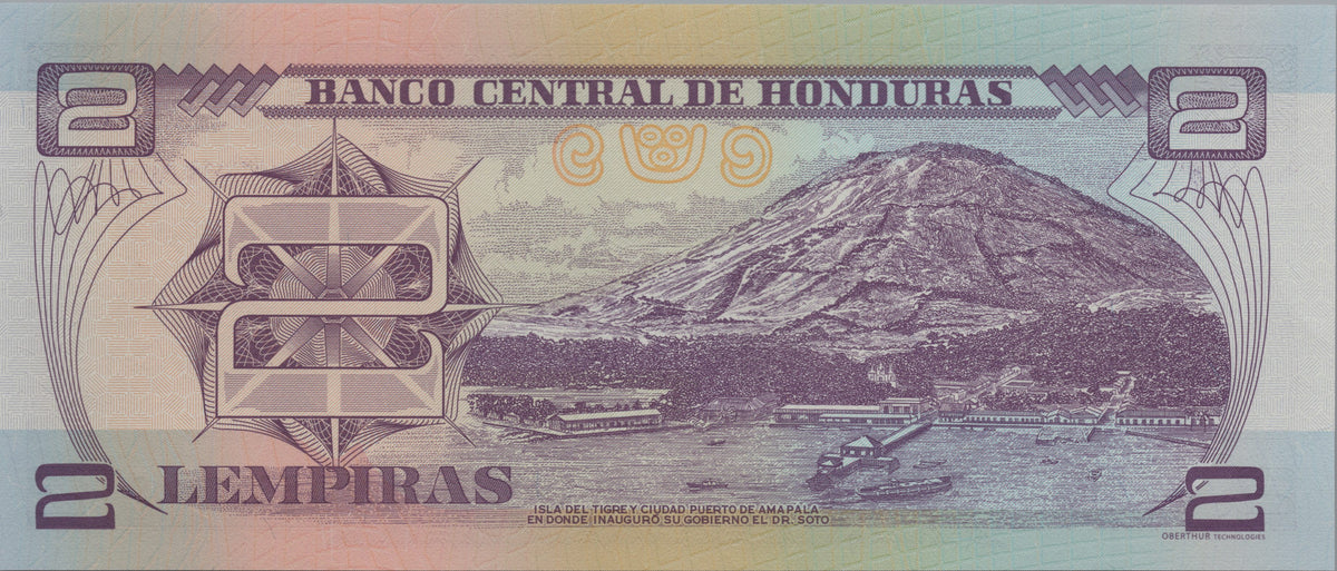 Honduras 2 Lempiras, P80Ag, 2008, UNCIRCULATED; features Tiger Island and Amapala