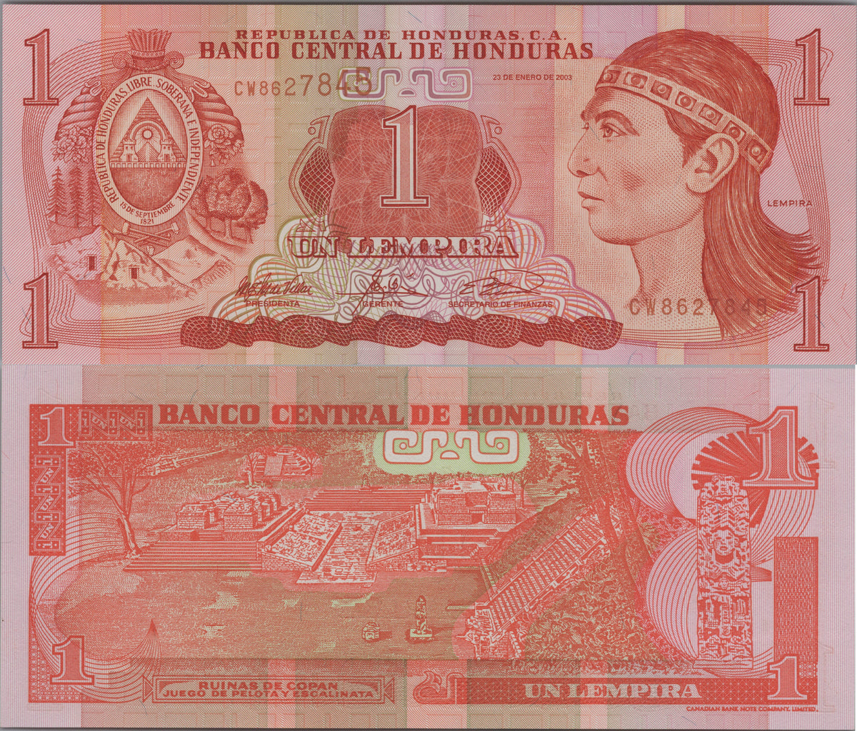 Honduras 1 Lempira, P84c, 2003, UNCIRCULATED; features Copán Ruins