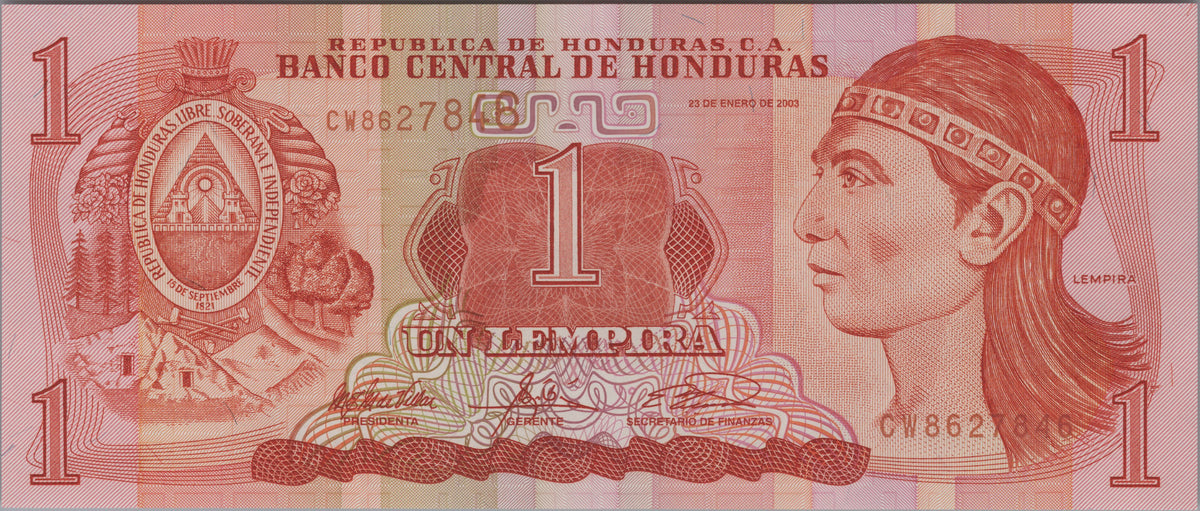 Honduras 1 Lempira, P84c, 2003, UNCIRCULATED; features Copán Ruins