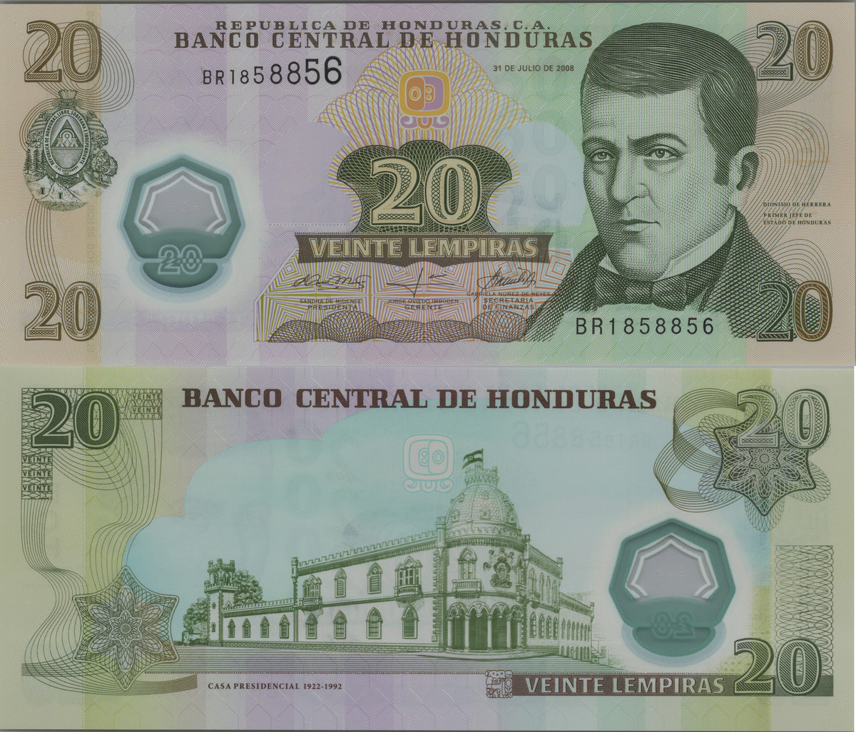 Honduras 20 Lempiras, P95, 2008, UNCIRCULATED; features Presidential Palace, Polymer