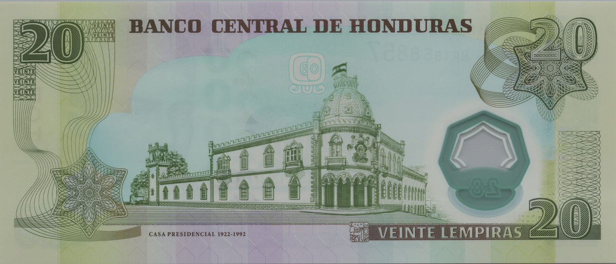 Honduras 20 Lempiras, P95, 2008, UNCIRCULATED; features Presidential Palace, Polymer