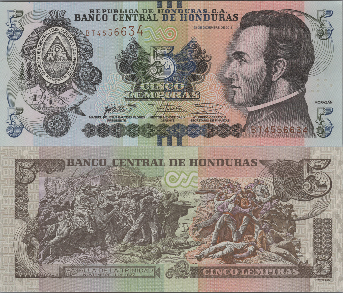Honduras 5 Lempiras, P98c, 2016, UNCIRCULATED; features Battle of Trinidad