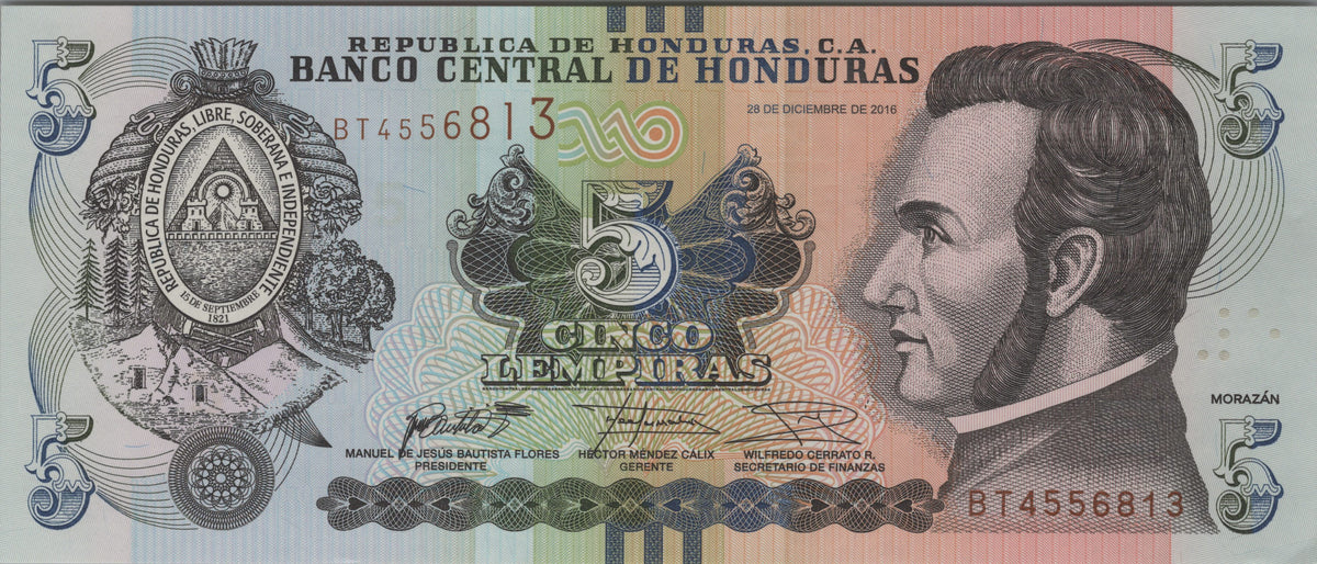 Honduras 5 Lempiras, P98c, 2016, UNCIRCULATED; features Battle of Trinidad