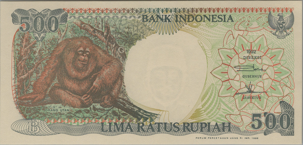 INDONESIA 500 Rupiah, P128h; UNCIRCULATED, 1999; features an Orangutan; Native Huts