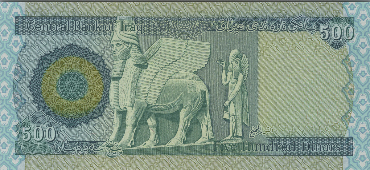 Iraq 500 Dinars, B353a, 2018, UNCIRCULATED; features a Winged Bull