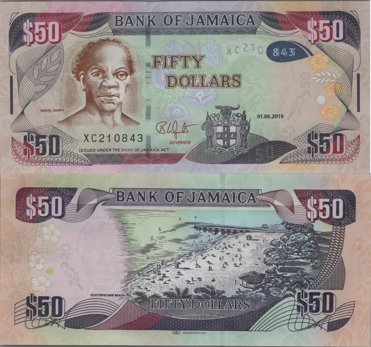 Jamaica 50 Dollars, B249e, 2019, UNCIRCULATED; features Doctor's Cave Beach