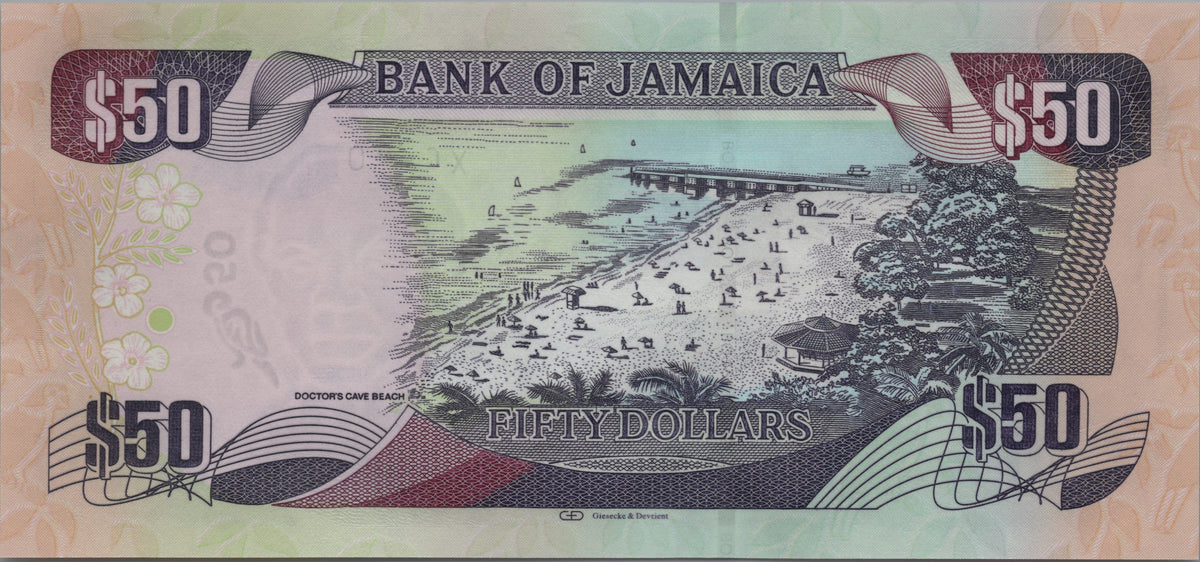 Jamaica 50 Dollars, B249e, 2019, UNCIRCULATED; features Doctor's Cave Beach