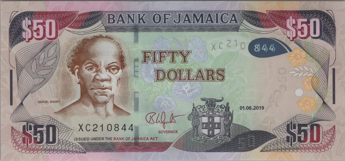 Jamaica 50 Dollars, B249e, 2019, UNCIRCULATED; features Doctor's Cave Beach