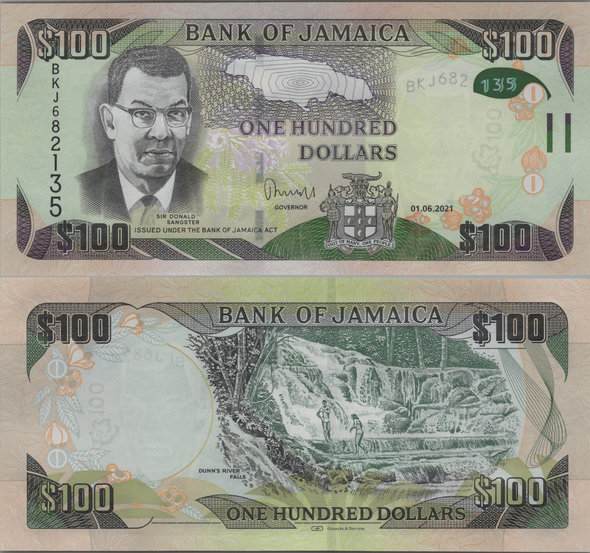 Jamaica 100 Dollars, B250h, 2021, UNCIRCULATED; features Dunn's River Falls