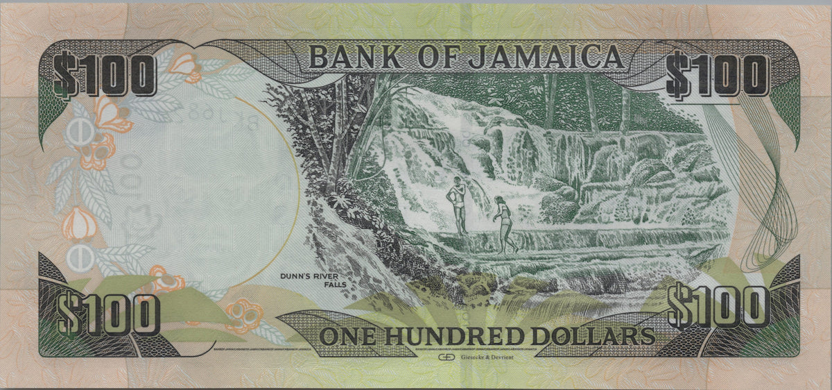 Jamaica 100 Dollars, B250h, 2021, UNCIRCULATED; features Dunn's River Falls