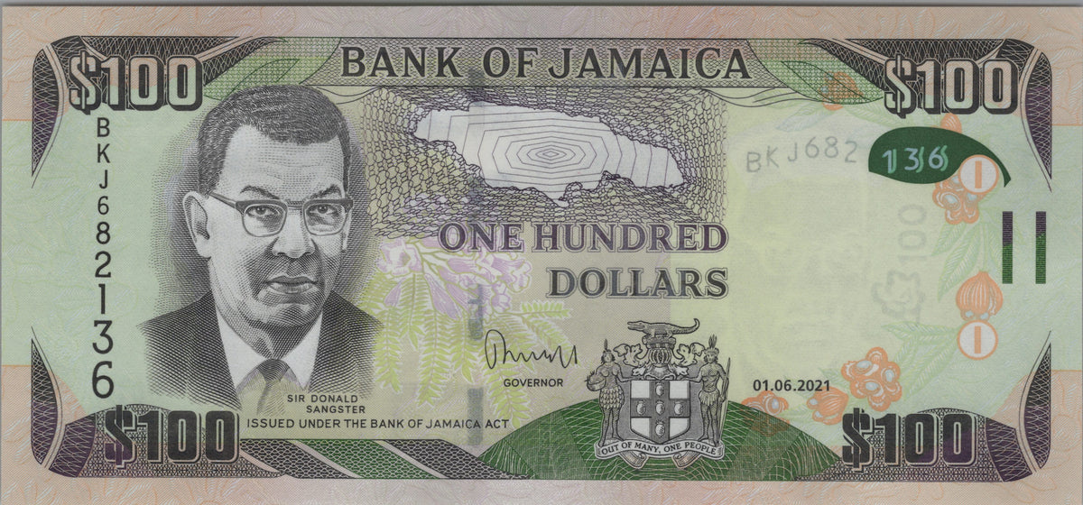 Jamaica 100 Dollars, B250h, 2021, UNCIRCULATED; features Dunn's River Falls