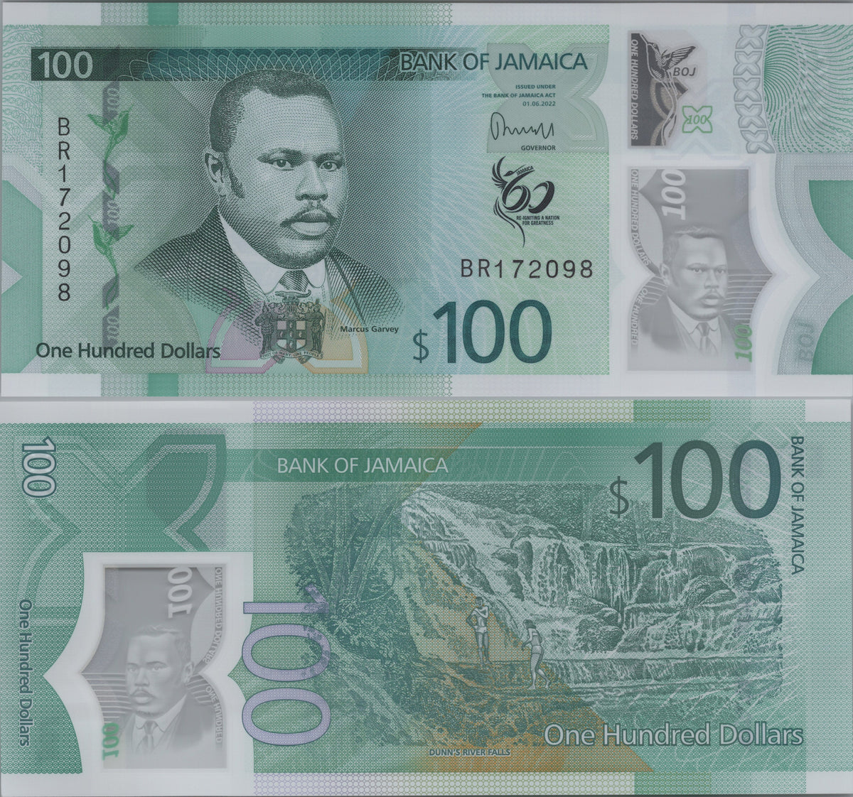 Jamaica 100 Dollars, B252a, 2022, UNCIRCULATED; features Dunn's River Falls, Polymer