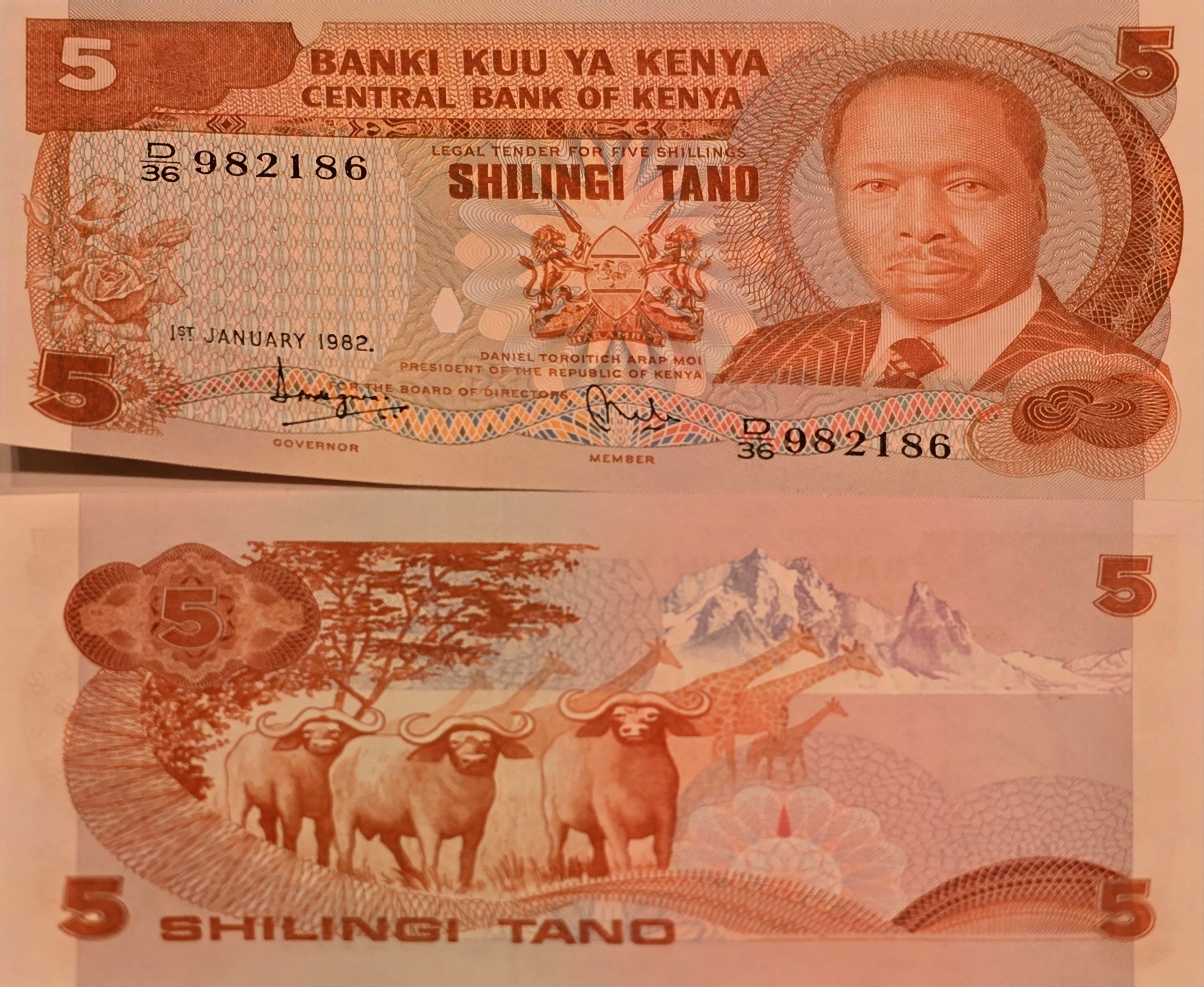 KENYA 5 Shillings, P-19b, UNCIRCULATED, 1982; features President Daniel arap Moi