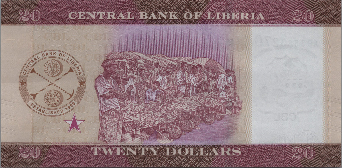 Liberia 20 Dollars, B317a, Uncirculated, 2022; features William V.S. Tubman