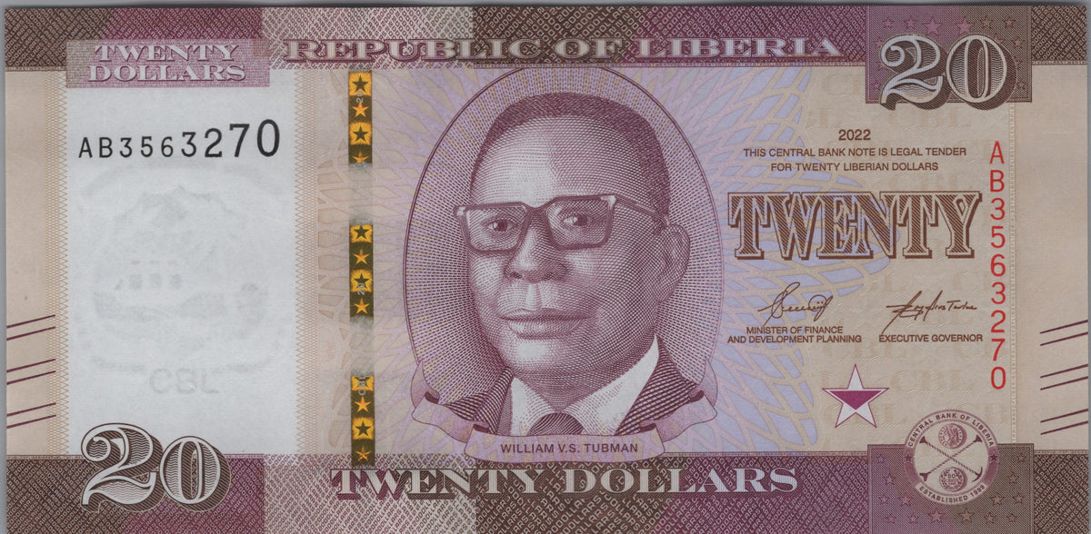 Liberia 20 Dollars, B317a, Uncirculated, 2022; features William V.S. Tubman