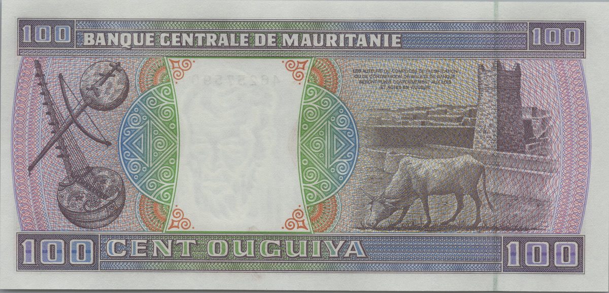 Mauritania 100 Ouguiya, B104l, Uncirculated, 2002; features a Cow