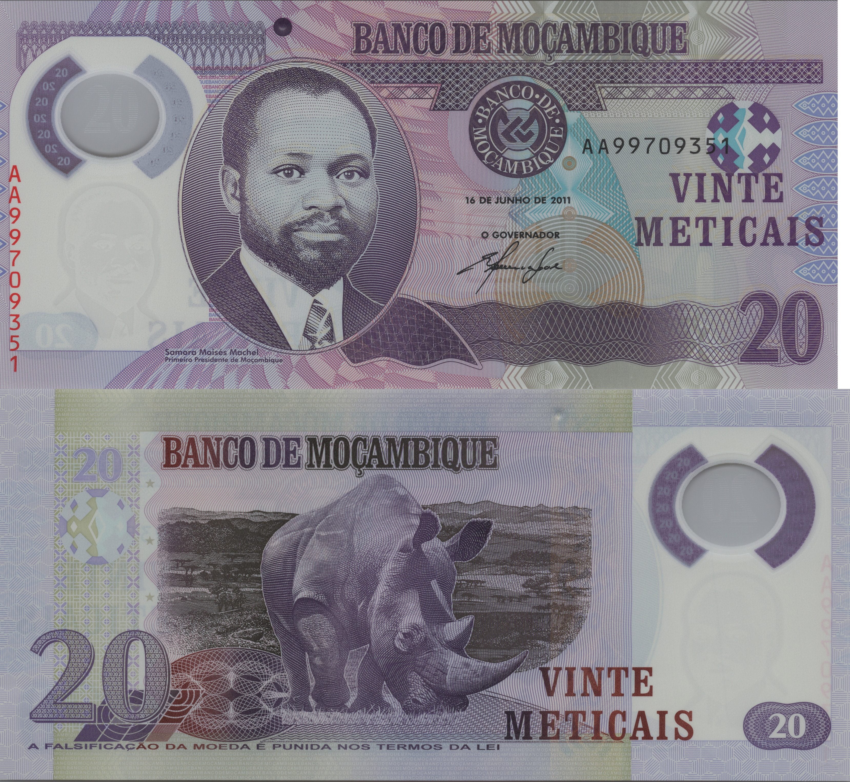 MOZAMBIQUE 20 Meticais Banknote; P -149a; Crisp UNCIRCULATED; 2011; POLYMER; Features a Rhinoceros