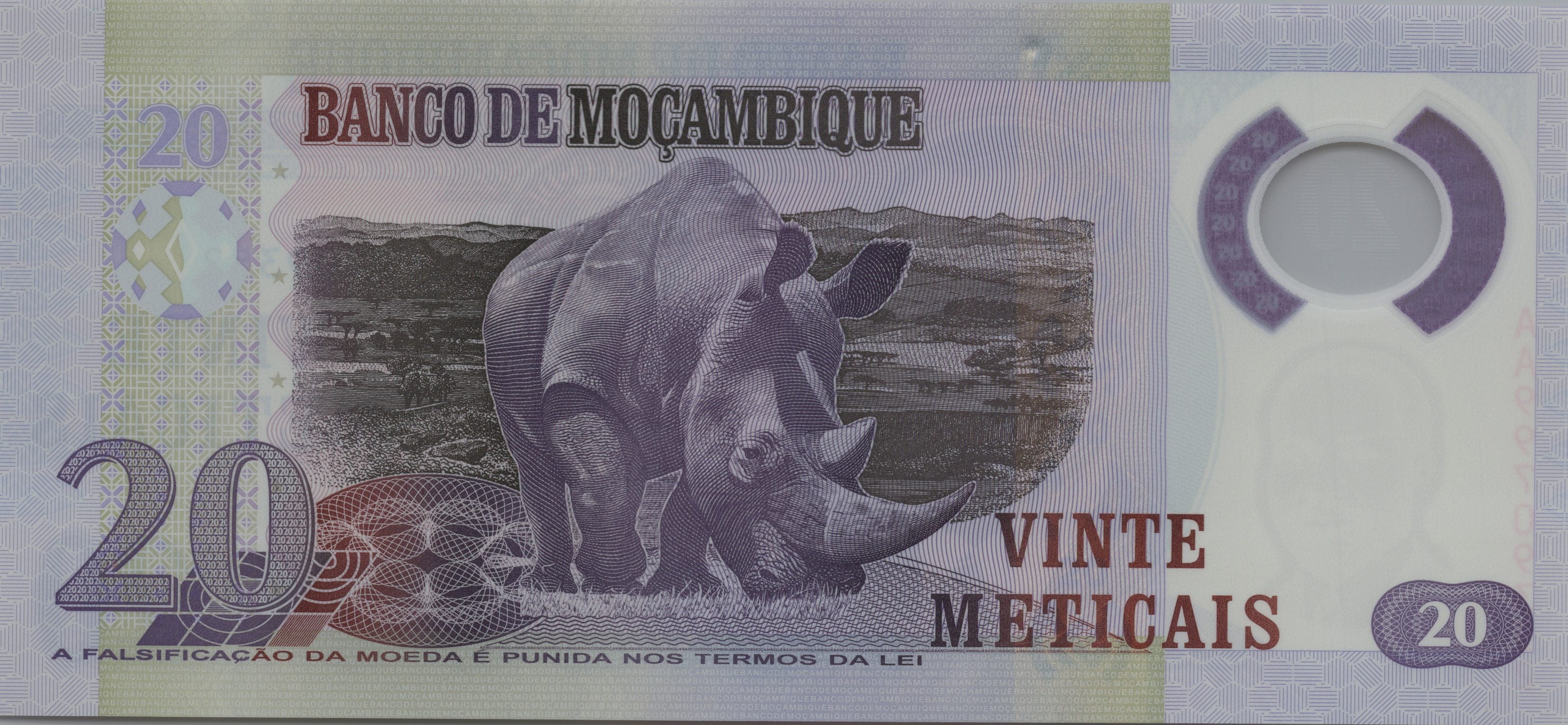 MOZAMBIQUE 20 Meticais Banknote; P -149a; Crisp UNCIRCULATED; 2011; POLYMER; Features a Rhinoceros