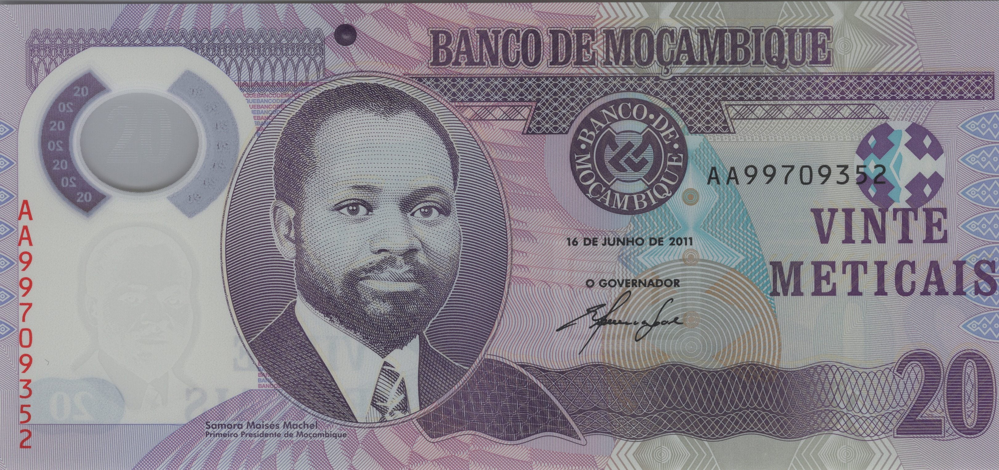 MOZAMBIQUE 20 Meticais Banknote; P -149a; Crisp UNCIRCULATED; 2011; POLYMER; Features a Rhinoceros