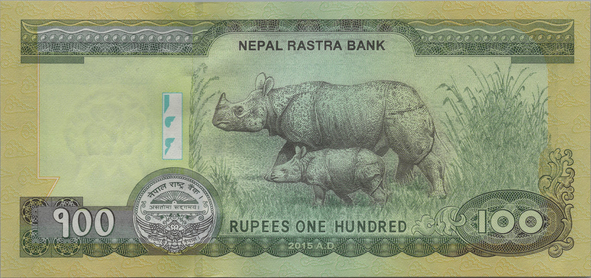 Nepal 100 Rupees, P80a, 2015, UNCIRCULATED; features a One-Horned Rhinoceros and Calf