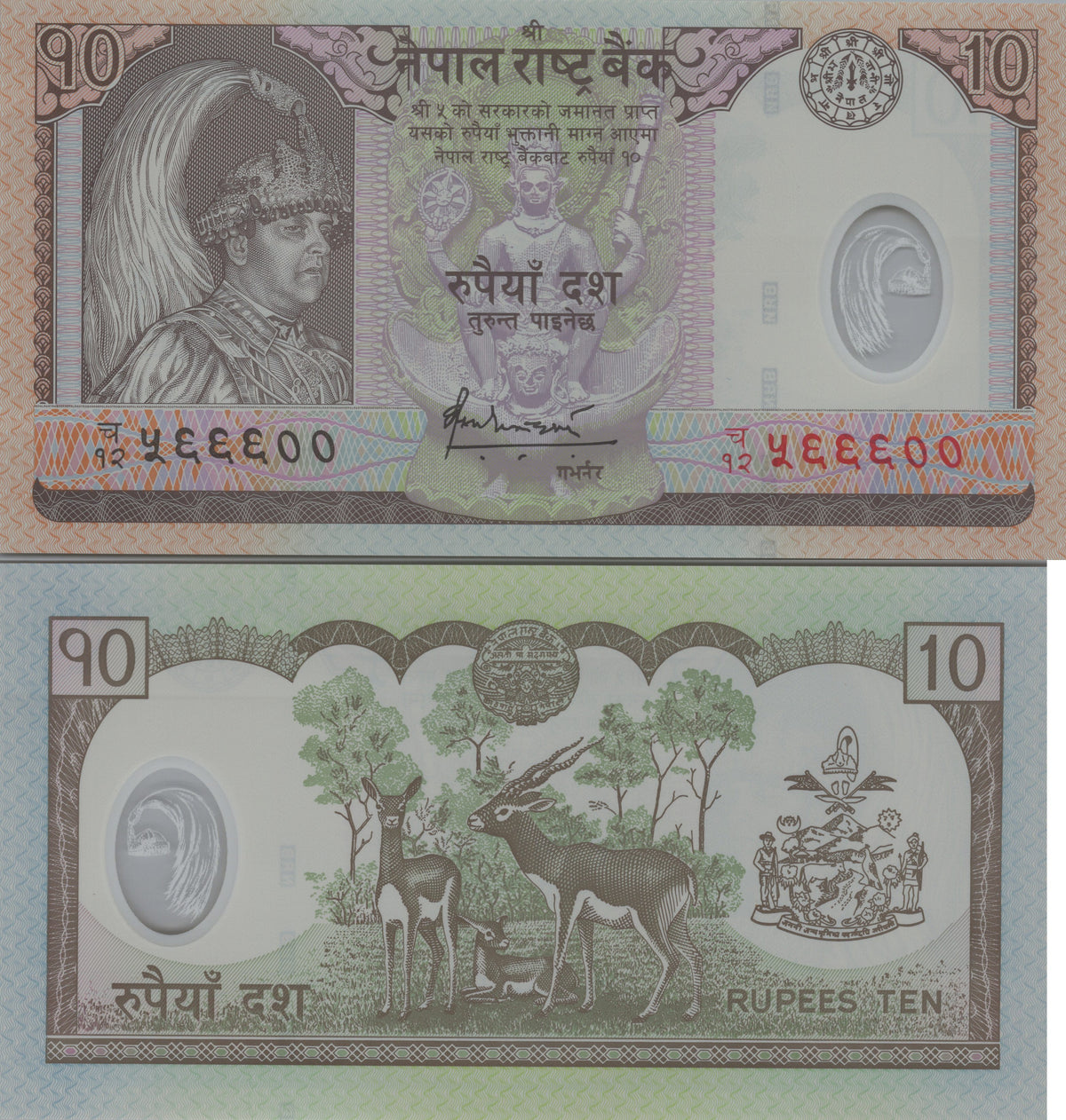 Nepal 10 Rupees, P54, 2005, UNCIRCULATED; features Blackbuck Antelopes (Polymer)