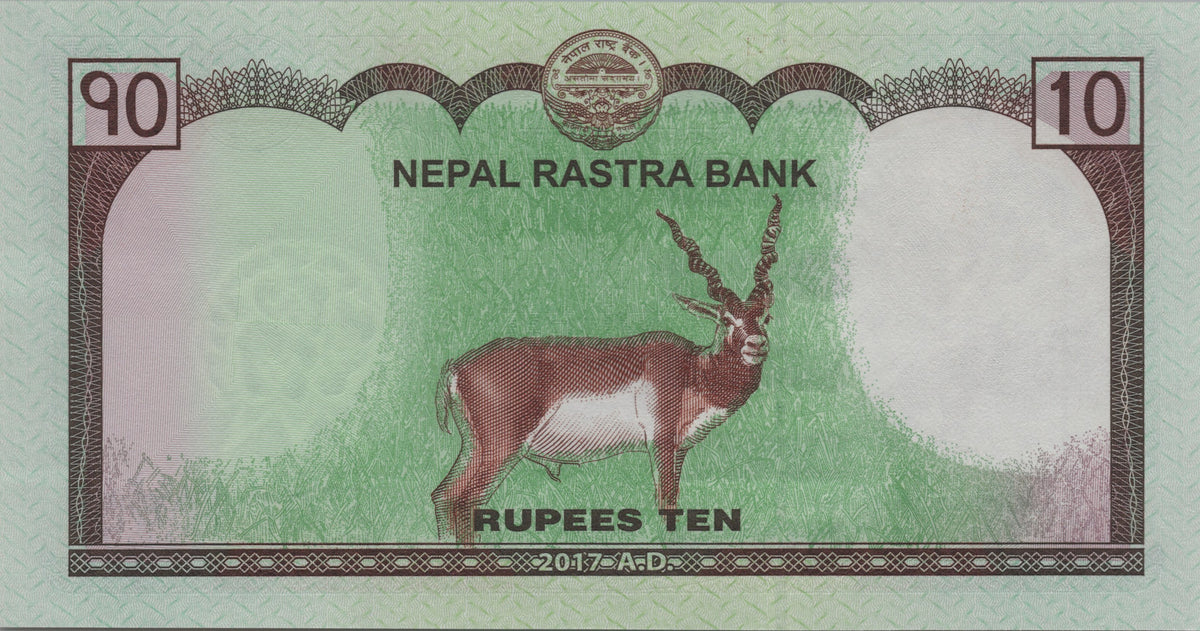Nepal 10 Rupees, P77, 2017, UNCIRCULATED; features a Blackbuck Antelope and Mount Everest