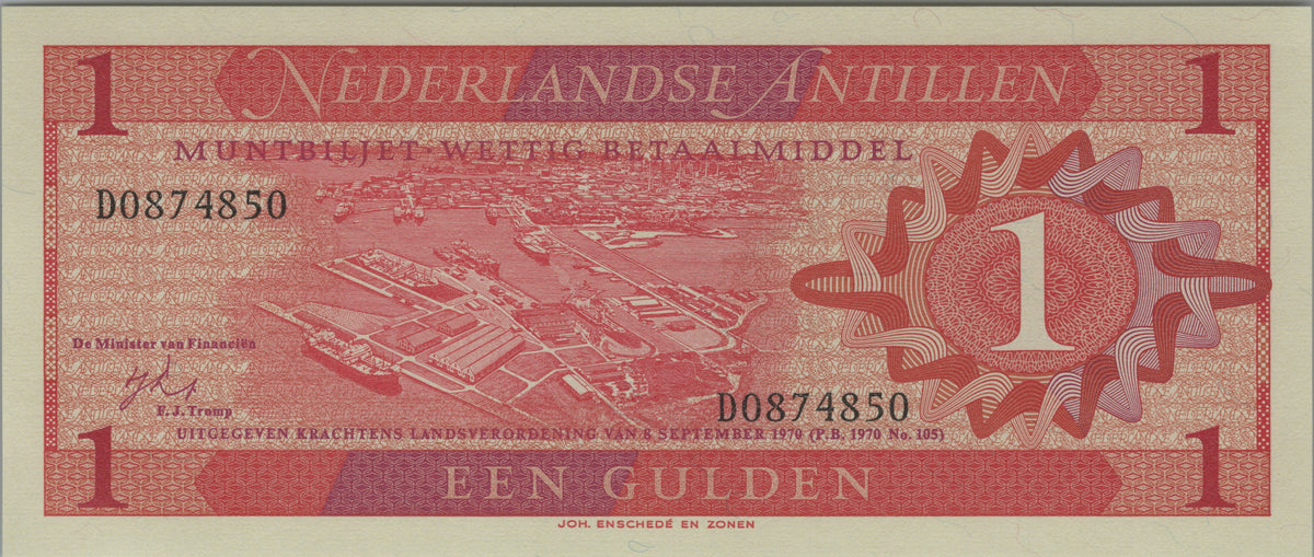 Netherlands Antilles 1 Gulden, P20, 1970, UNCIRCULATED; features Curaçao Harbour