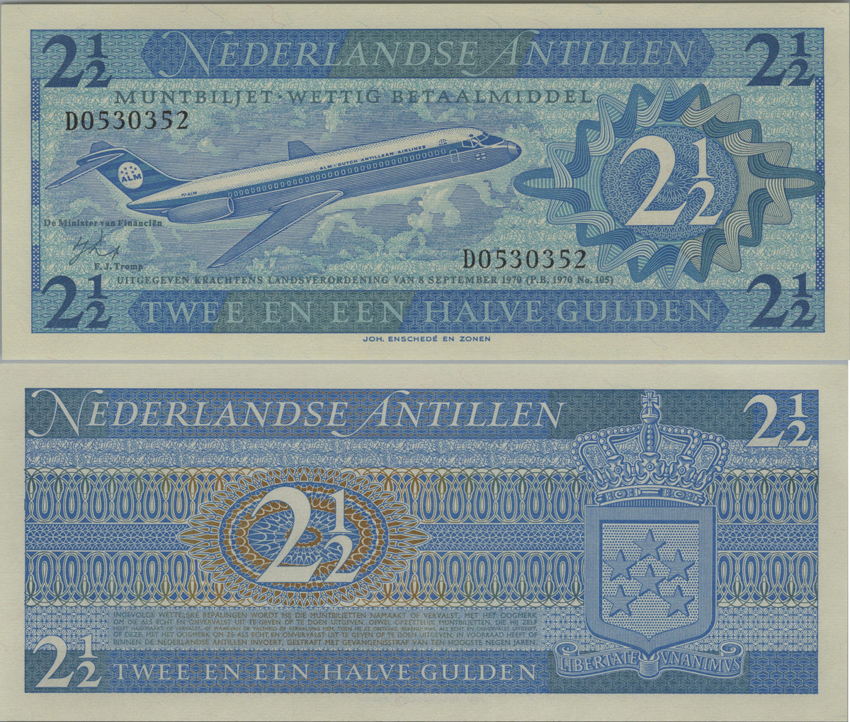 Netherlands Antilles 2½ Gulden, P21, 1970, UNCIRCULATED; features a Douglas DC-9 Aircraft