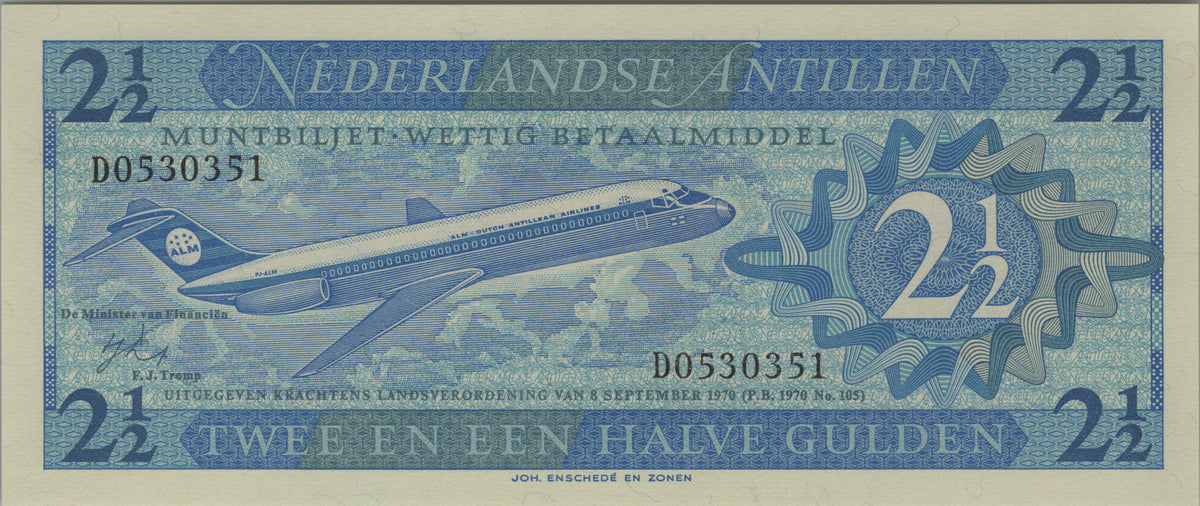 Netherlands Antilles 2½ Gulden, P21, 1970, UNCIRCULATED; features a Douglas DC-9 Aircraft