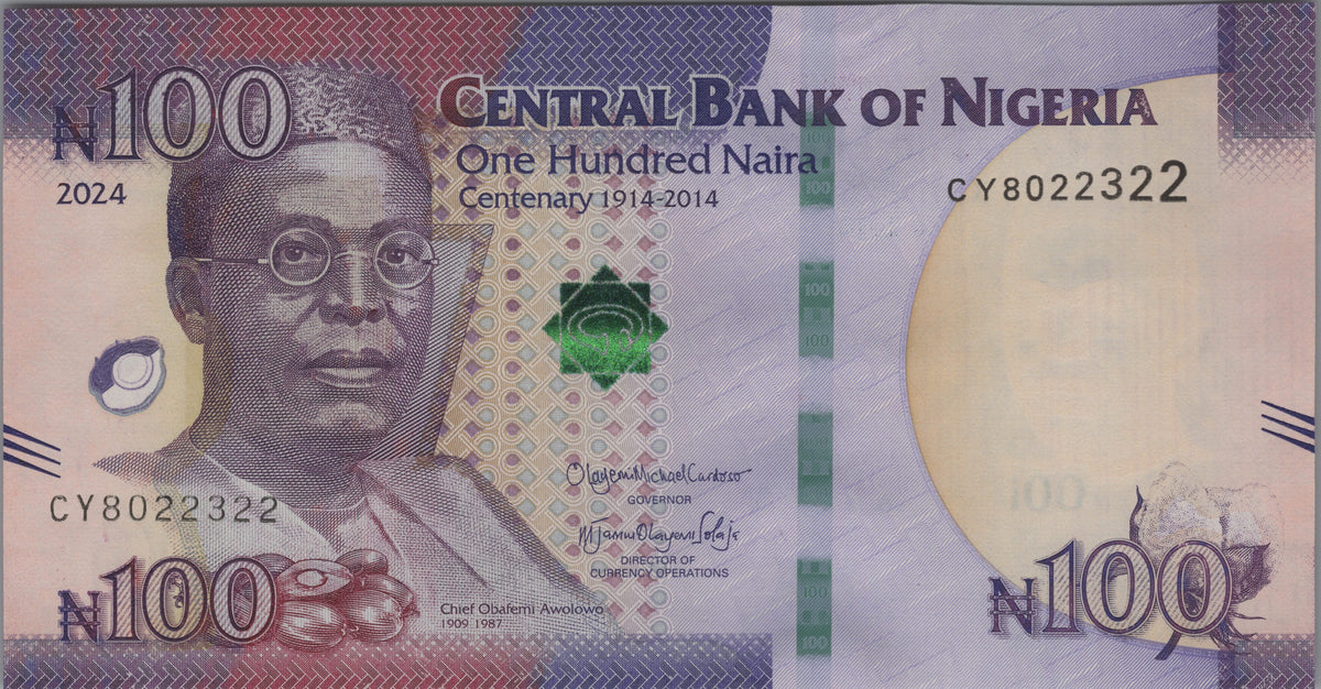 Nigeria 100 Naira, B238e, Uncirculated, 2024; features Chief Obafemi Awolowo